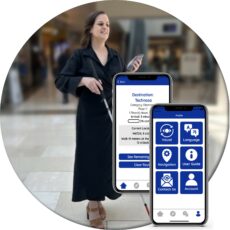 A blind woman using indoor navigation in a mall