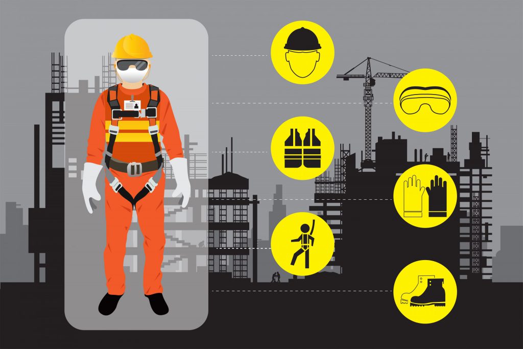 An illustration shows personal security equipments that an employee should wear while working, includes helmet, gloves, etc.