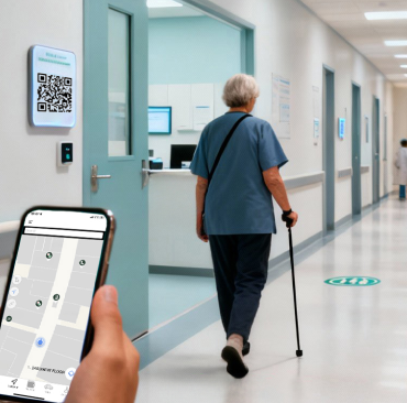 Patient navigating a hospital corridor using Poilabs indoor navigation with accessibility support