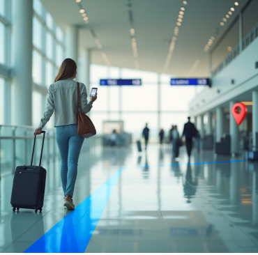 Passenger following a digital navigation path at an airport terminal using Poilabs indoor wayfinding