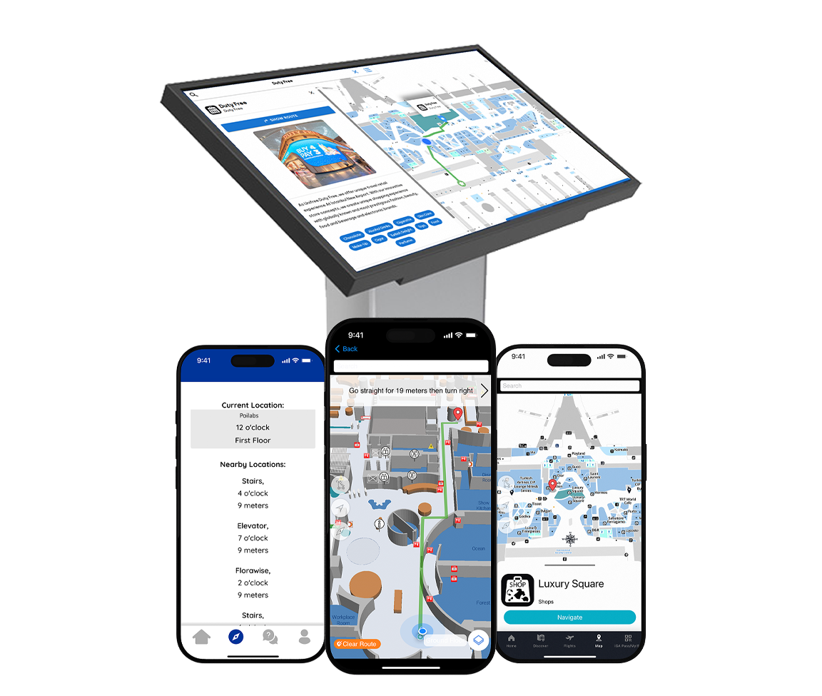 Poilabs indoor navigation and location-based solutions displayed on mobile and interactive kiosk screens
